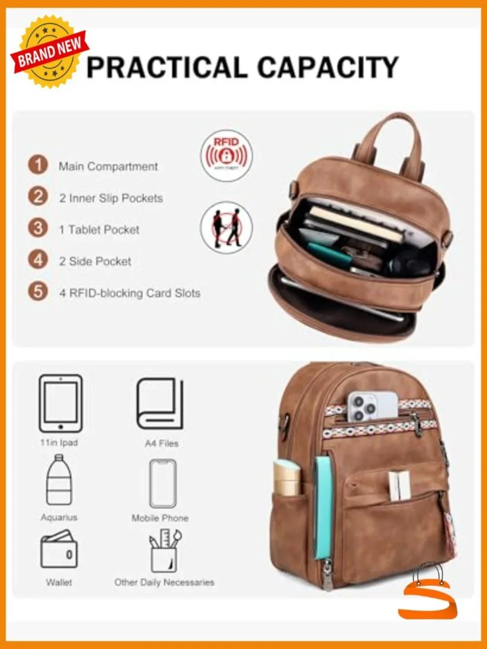 Small PU Leather Backpack Purse with 14 Pockets RFID Water Resistant Anti-Theft